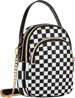 Black and White with Checkered Womens Sling Backpack Crossbody Chain Shoulder Bags Waist Packs Multipurpose Handbags for Travel Shopping Office, Pattern 320
