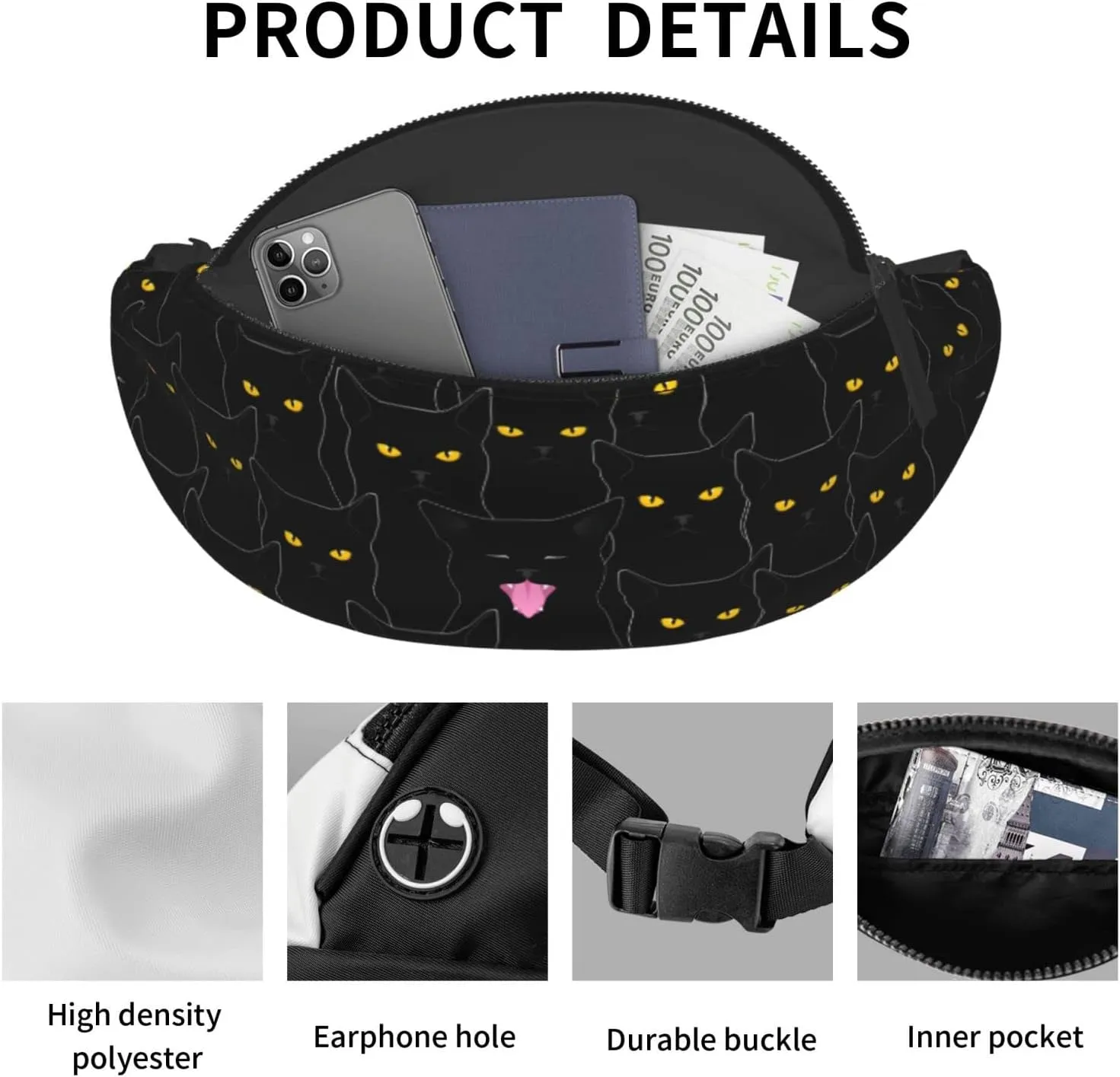 Black Cat Fanny Pack Waist Bag Adjustable Belt Bag For Men Women Traveling Hiking Cycling Running