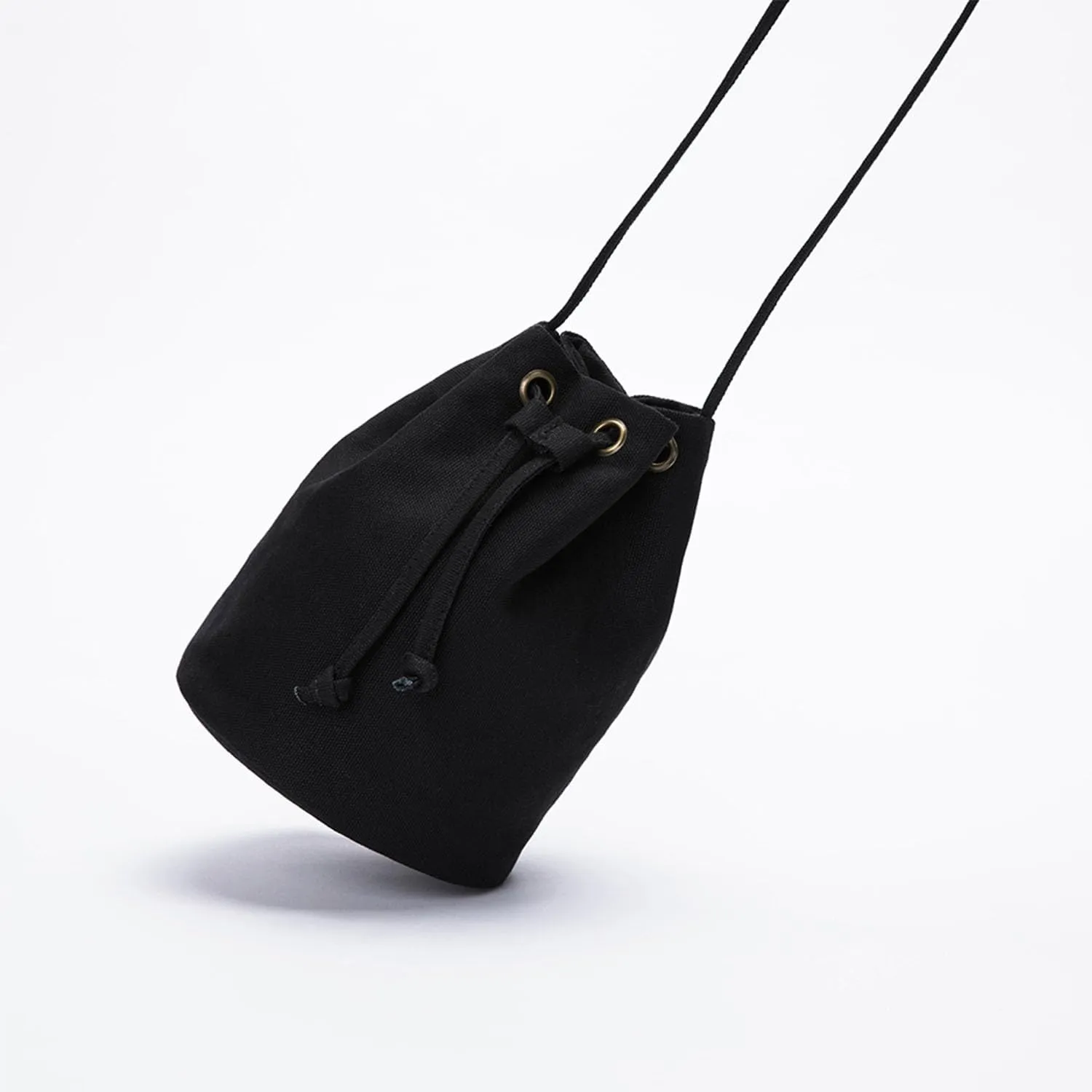 Black Drawstring Crossbody Bag Nylon Fabric Large Capacity Organizer Bag with Gold Tone Hardware