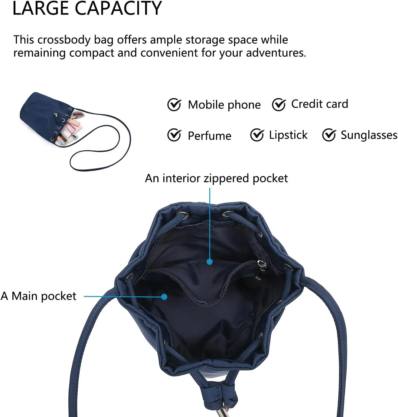 Black Drawstring Crossbody Bag Nylon Fabric Large Capacity Organizer Bag with Gold Tone Hardware