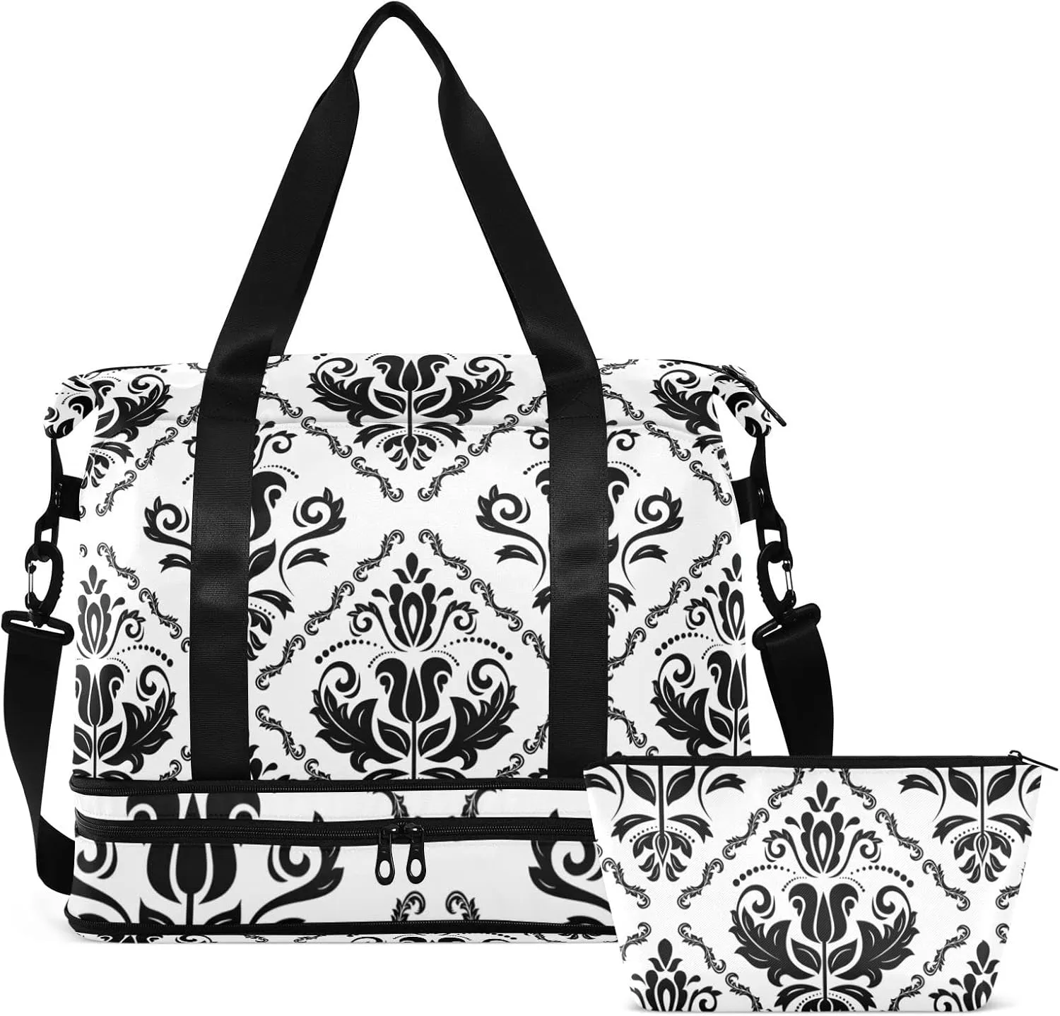 Black Floral Oriental Damask Arabesque Seamless Flowers Pattern Gym Duffel Bag, Polyester Travel Weekender Luggage Handbag with Waterproof Pocket for Wet Items, Unisex Foldable Tote for Sports