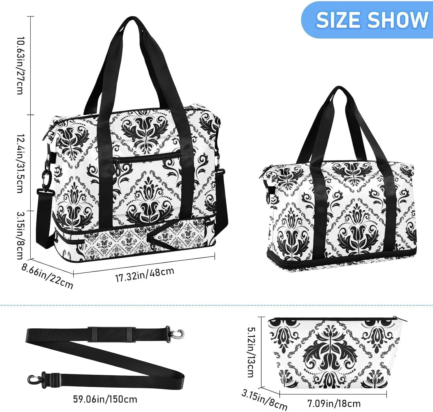 Black Floral Oriental Damask Arabesque Seamless Flowers Pattern Gym Duffel Bag, Polyester Travel Weekender Luggage Handbag with Waterproof Pocket for Wet Items, Unisex Foldable Tote for Sports
