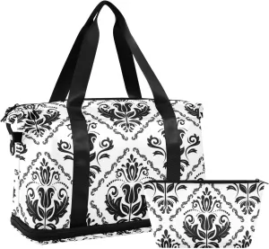 Black Floral Oriental Damask Arabesque Seamless Flowers Pattern Gym Duffel Bag, Polyester Travel Weekender Luggage Handbag with Waterproof Pocket for Wet Items, Unisex Foldable Tote for Sports
