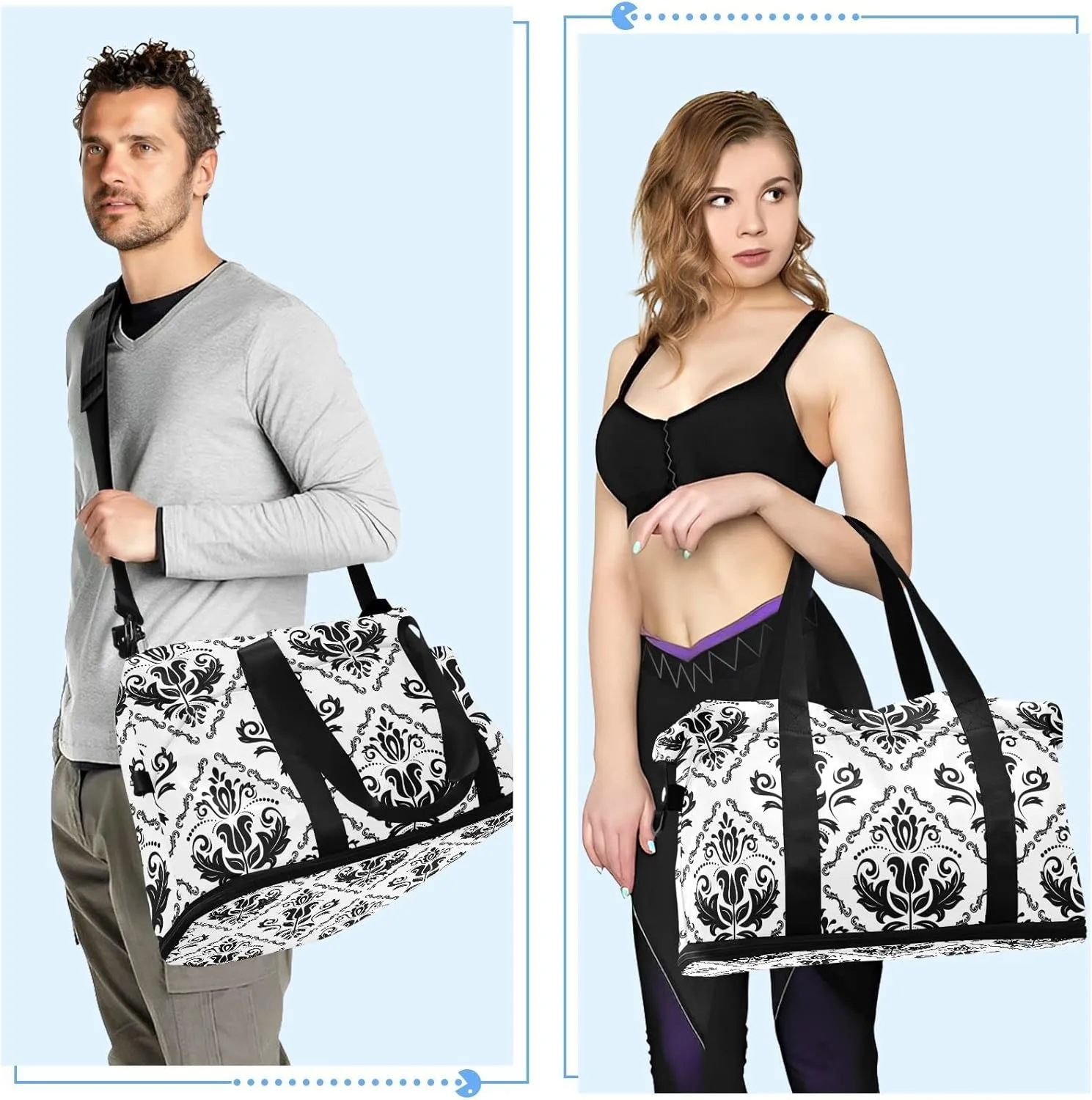 Black Floral Oriental Damask Arabesque Seamless Flowers Pattern Gym Duffel Bag, Polyester Travel Weekender Luggage Handbag with Waterproof Pocket for Wet Items, Unisex Foldable Tote for Sports