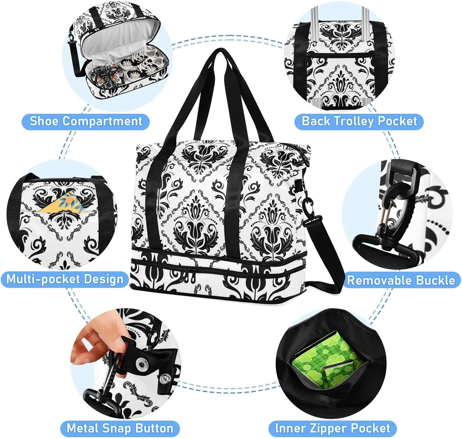 Black Floral Oriental Damask Arabesque Seamless Flowers Pattern Gym Duffel Bag, Polyester Travel Weekender Luggage Handbag with Waterproof Pocket for Wet Items, Unisex Foldable Tote for Sports