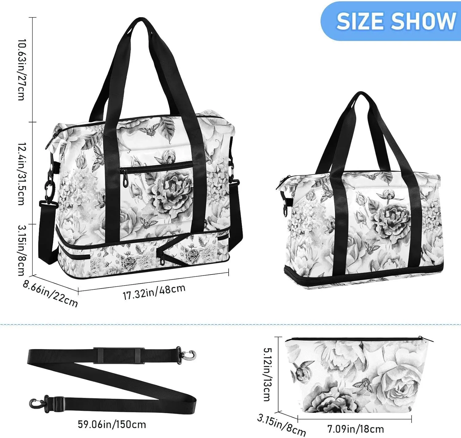 Black White Flowers with Leaves, Hydrangeas, Peonies, Buds and Petals Gym Duffel Bag, Polyester Travel Weekender Luggage Handbag with Waterproof Pocket for Wet Items, Unisex Foldable Tote for Sports