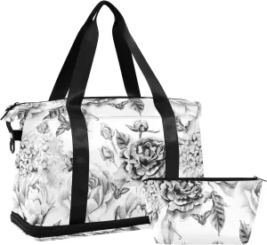 Black White Flowers with Leaves, Hydrangeas, Peonies, Buds and Petals Gym Duffel Bag, Polyester Travel Weekender Luggage Handbag with Waterproof Pocket for Wet Items, Unisex Foldable Tote for Sports