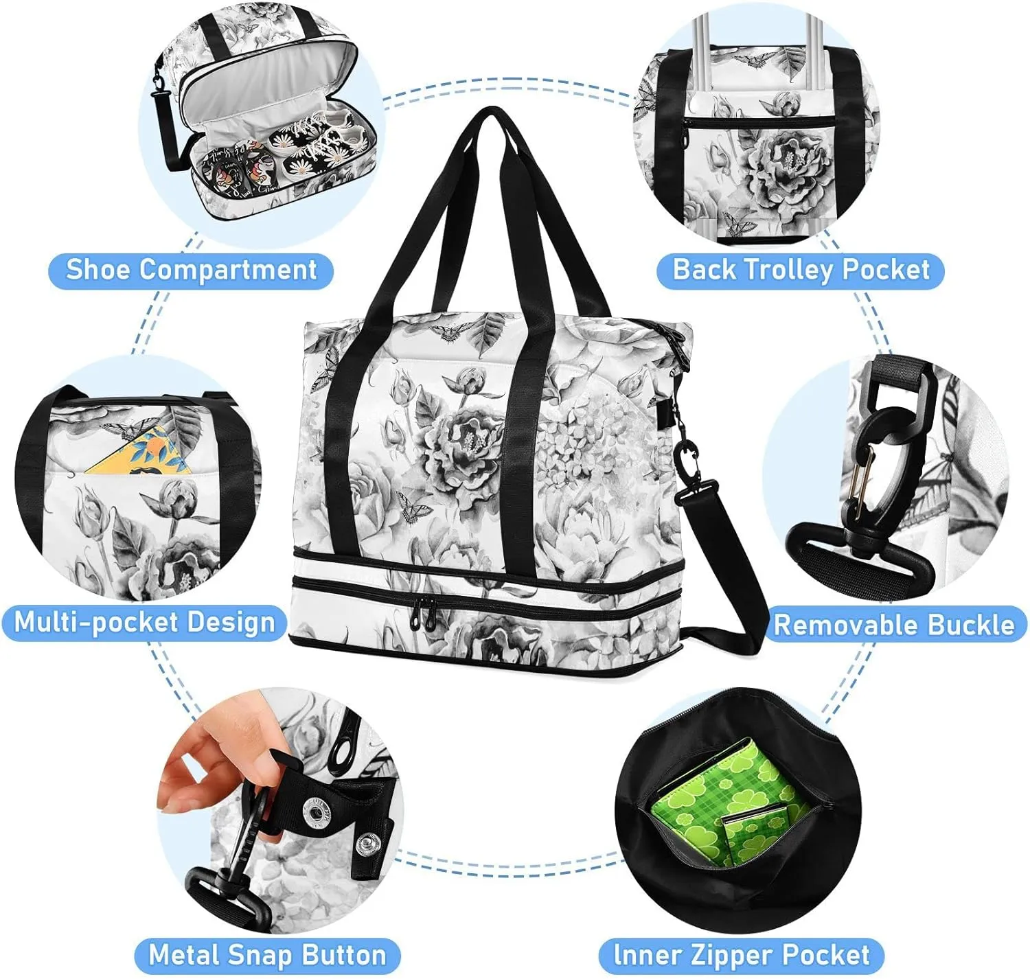 Black White Flowers with Leaves, Hydrangeas, Peonies, Buds and Petals Gym Duffel Bag, Polyester Travel Weekender Luggage Handbag with Waterproof Pocket for Wet Items, Unisex Foldable Tote for Sports
