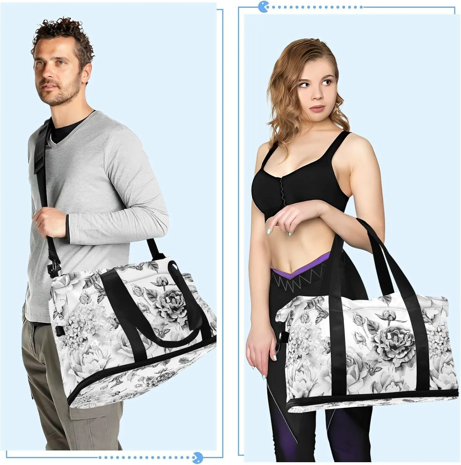 Black White Flowers with Leaves, Hydrangeas, Peonies, Buds and Petals Gym Duffel Bag, Polyester Travel Weekender Luggage Handbag with Waterproof Pocket for Wet Items, Unisex Foldable Tote for Sports