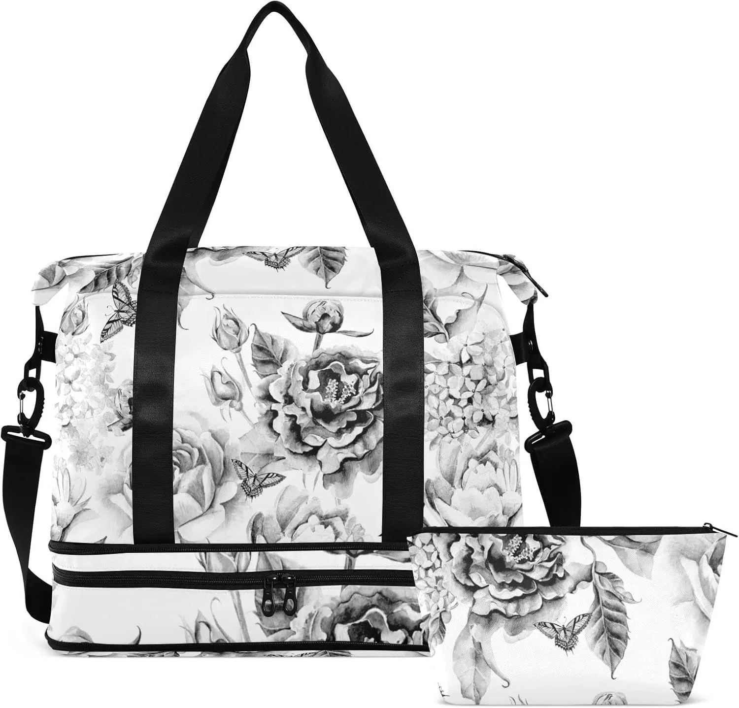 Black White Flowers with Leaves, Hydrangeas, Peonies, Buds and Petals Gym Duffel Bag, Polyester Travel Weekender Luggage Handbag with Waterproof Pocket for Wet Items, Unisex Foldable Tote for Sports