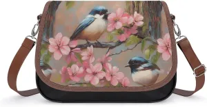 Blue Bird Peach Blossoms Crossbody Bags for Women Shoulder Bag Flap Handbags Leather Cross Body Purse