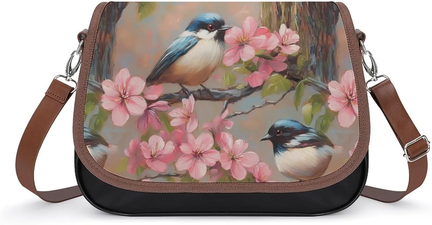 Blue Bird Peach Blossoms Crossbody Bags for Women Shoulder Bag Flap Handbags Leather Cross Body Purse