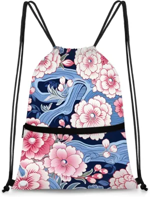 Blue Floral Streak Polyester Drawstring Bag with Zipper Pocket, 18x14 Inch Water-Resistant Gym Sack String Backpack for Sports, Travel, Camping