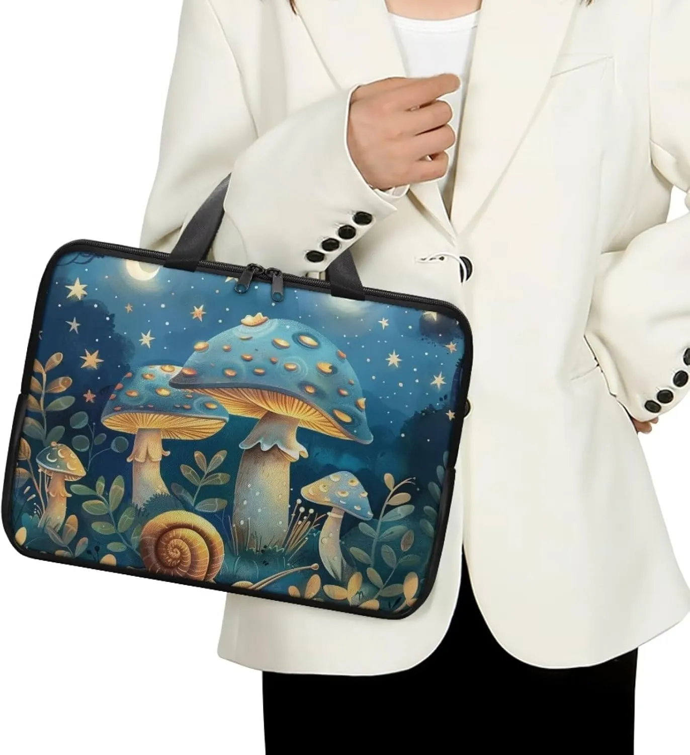 Blue Mushroom Laptop Bag with Handle for Women Lightweight Leather Computer Bag Portable Computer Bag Premium Laptop Briefcase Handbag, 13 Inch Tech Organizer Handbag