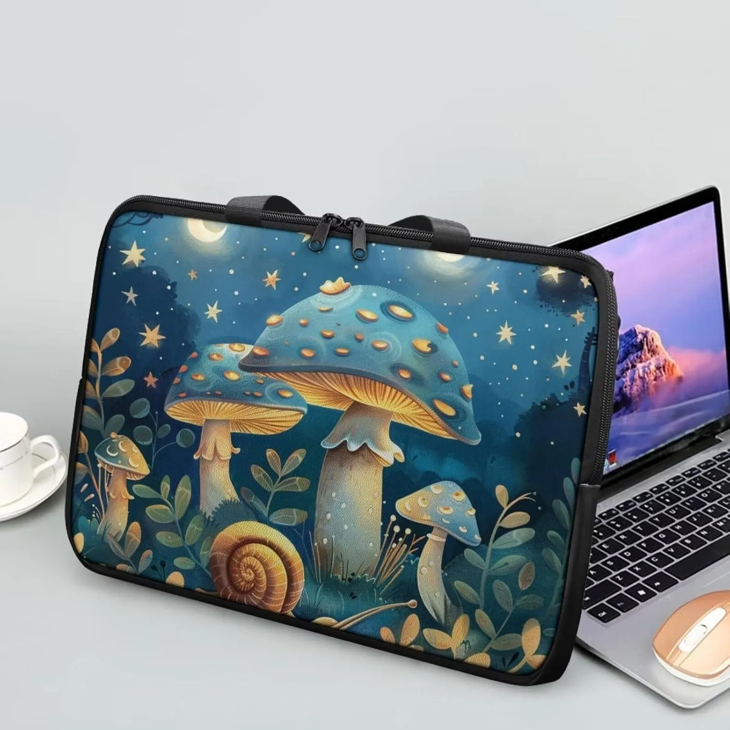 Blue Mushroom Laptop Bag with Handle for Women Lightweight Leather Computer Bag Portable Computer Bag Premium Laptop Briefcase Handbag, 13 Inch Tech Organizer Handbag