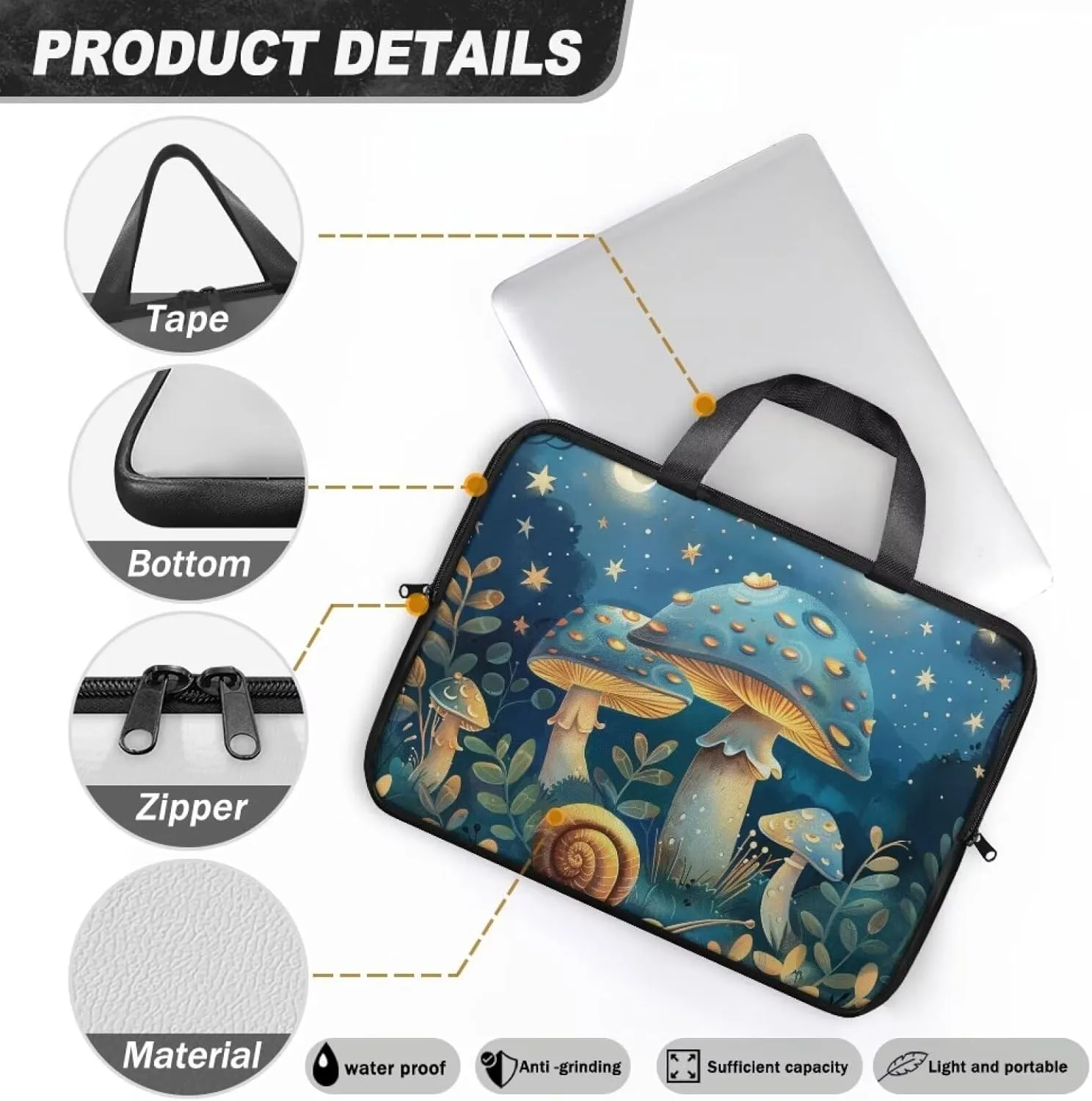 Blue Mushroom Laptop Bag with Handle for Women Lightweight Leather Computer Bag Portable Computer Bag Premium Laptop Briefcase Handbag, 13 Inch Tech Organizer Handbag