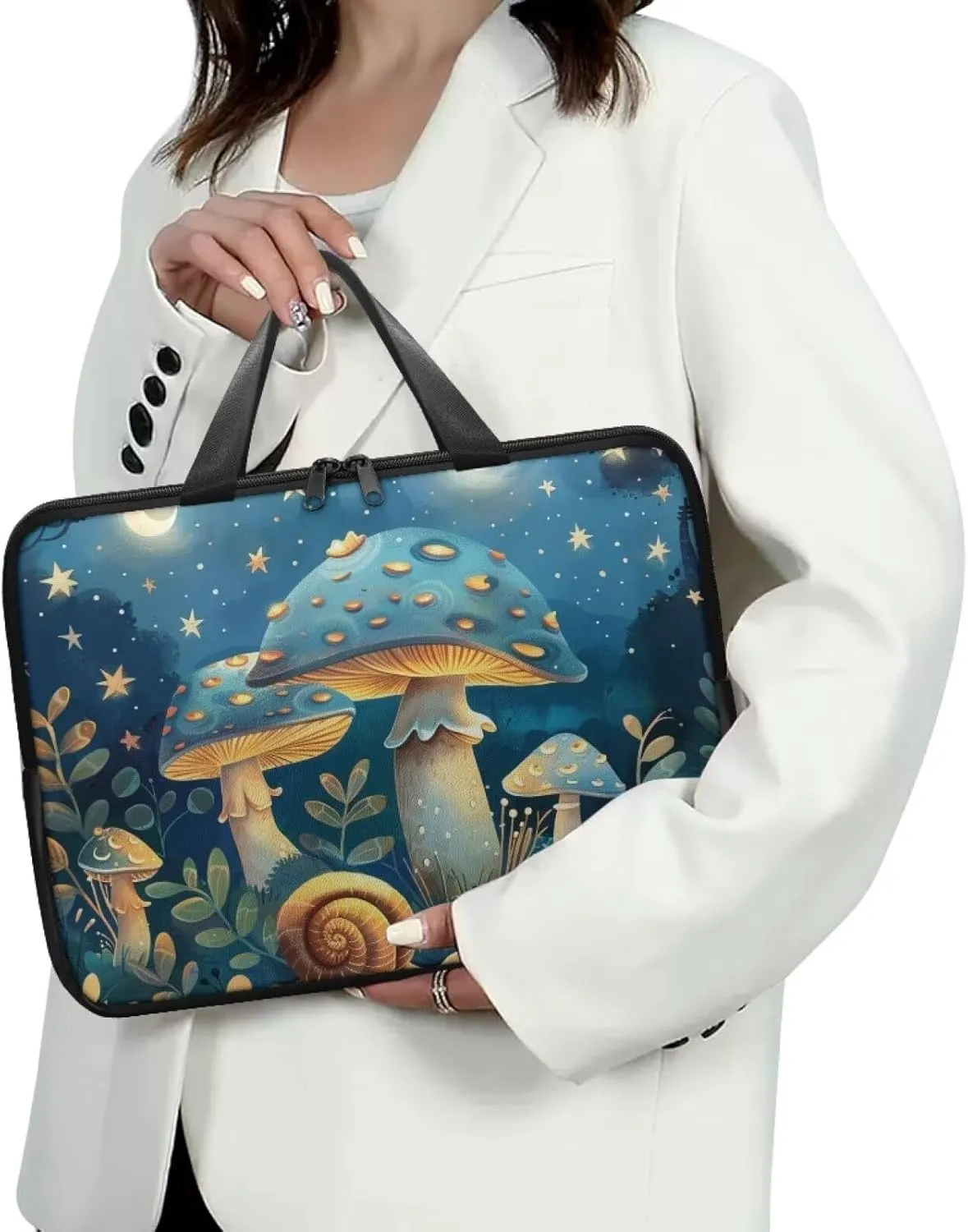 Blue Mushroom Laptop Bag with Handle for Women Lightweight Leather Computer Bag Portable Computer Bag Premium Laptop Briefcase Handbag, 13 Inch Tech Organizer Handbag