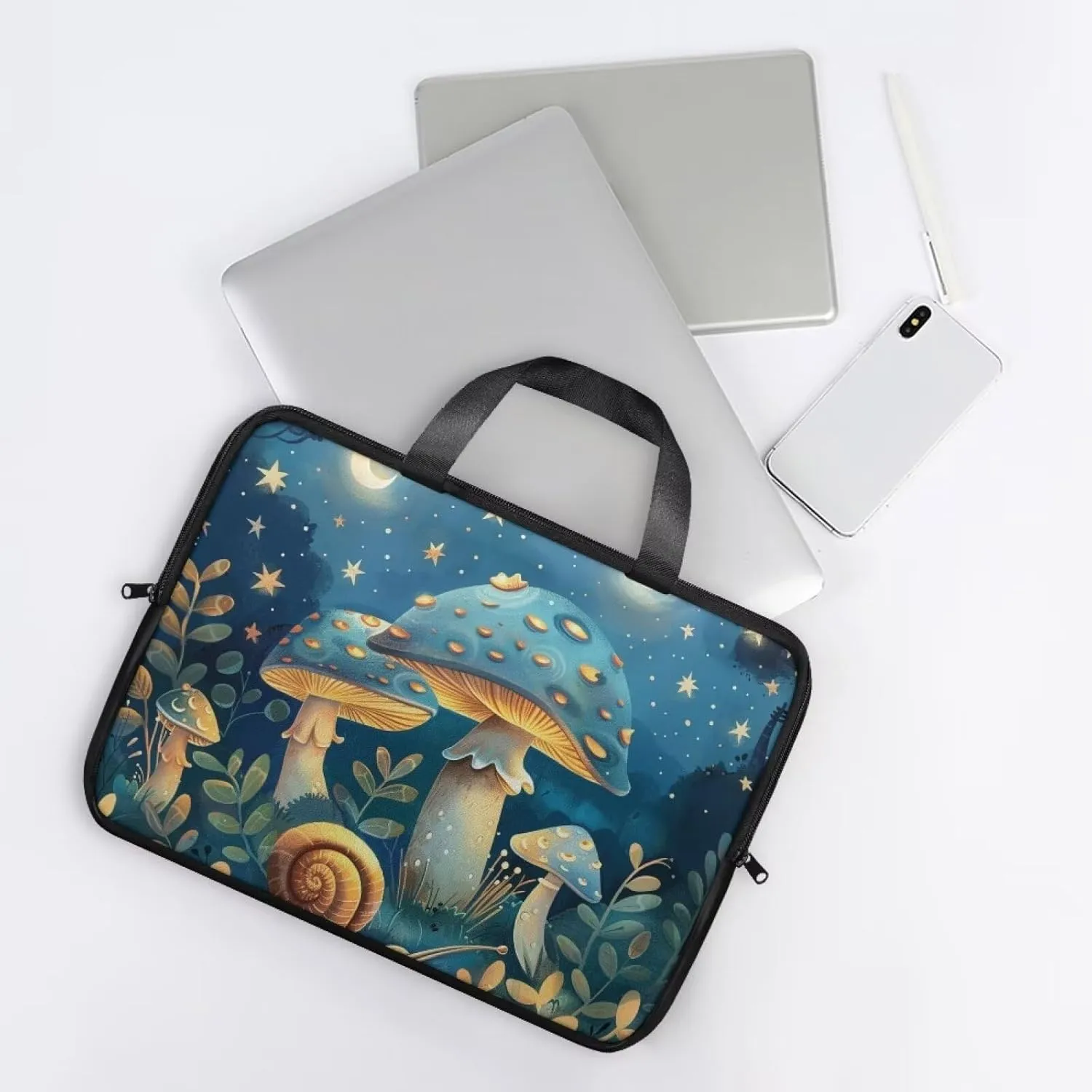 Blue Mushroom Laptop Bag with Handle for Women Lightweight Leather Computer Bag Portable Computer Bag Premium Laptop Briefcase Handbag, 13 Inch Tech Organizer Handbag