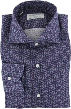 Blue Patterned Button Down Spread Collar Linen Slim Fit Dress Shirt, Size x-Small 14.5