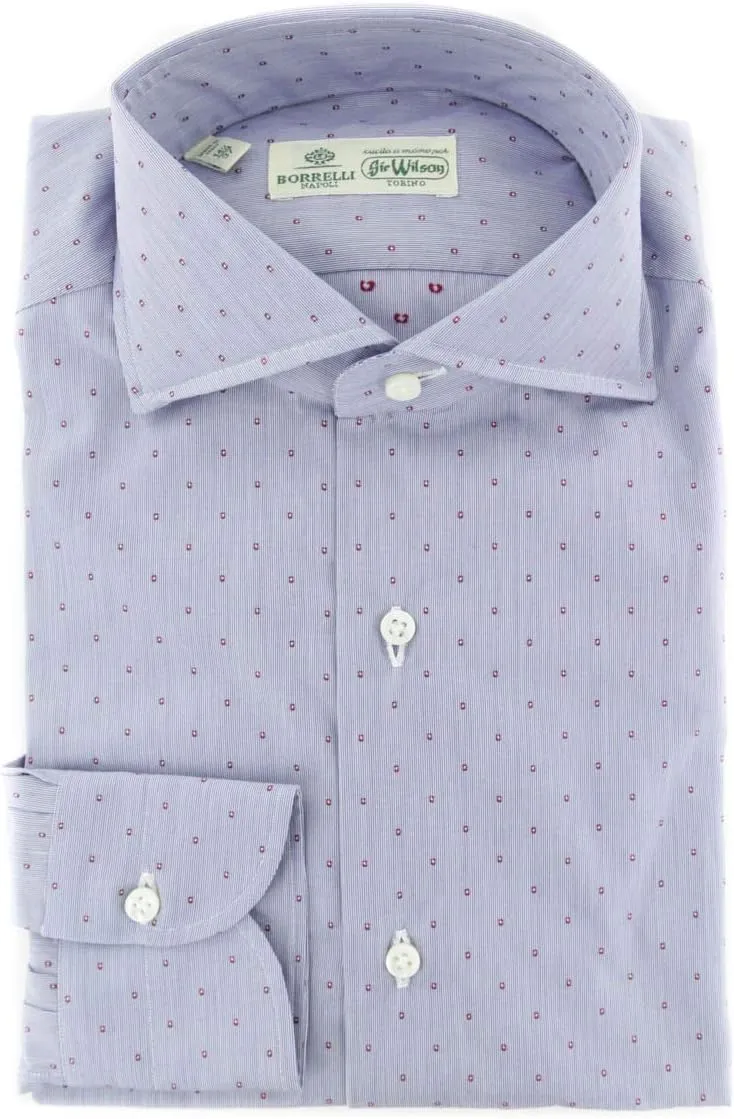 Blue Polka Dots Button Down Spread Collar Cotton Slim Fit Dress Shirt, Size x-Small 14.5