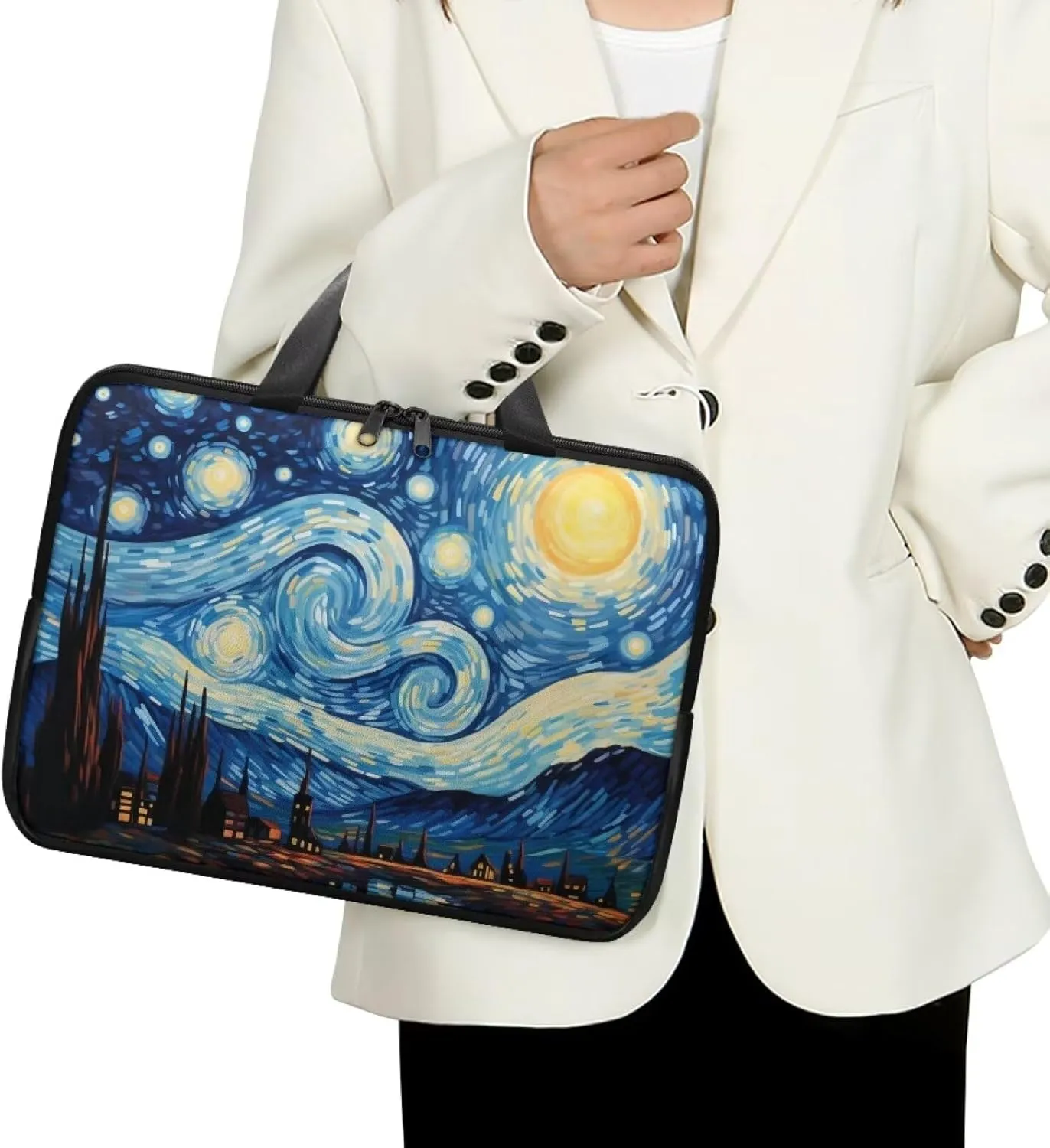 Blue Starry Night Oil Painting 13 Inch Laptop Sleeve, Pu Leather Laptop Cover Computer Bag Tablet Carrying Case with Handle, Zipper Tote Bags Notebook Sleeves Handbag Messenger Briefcase
