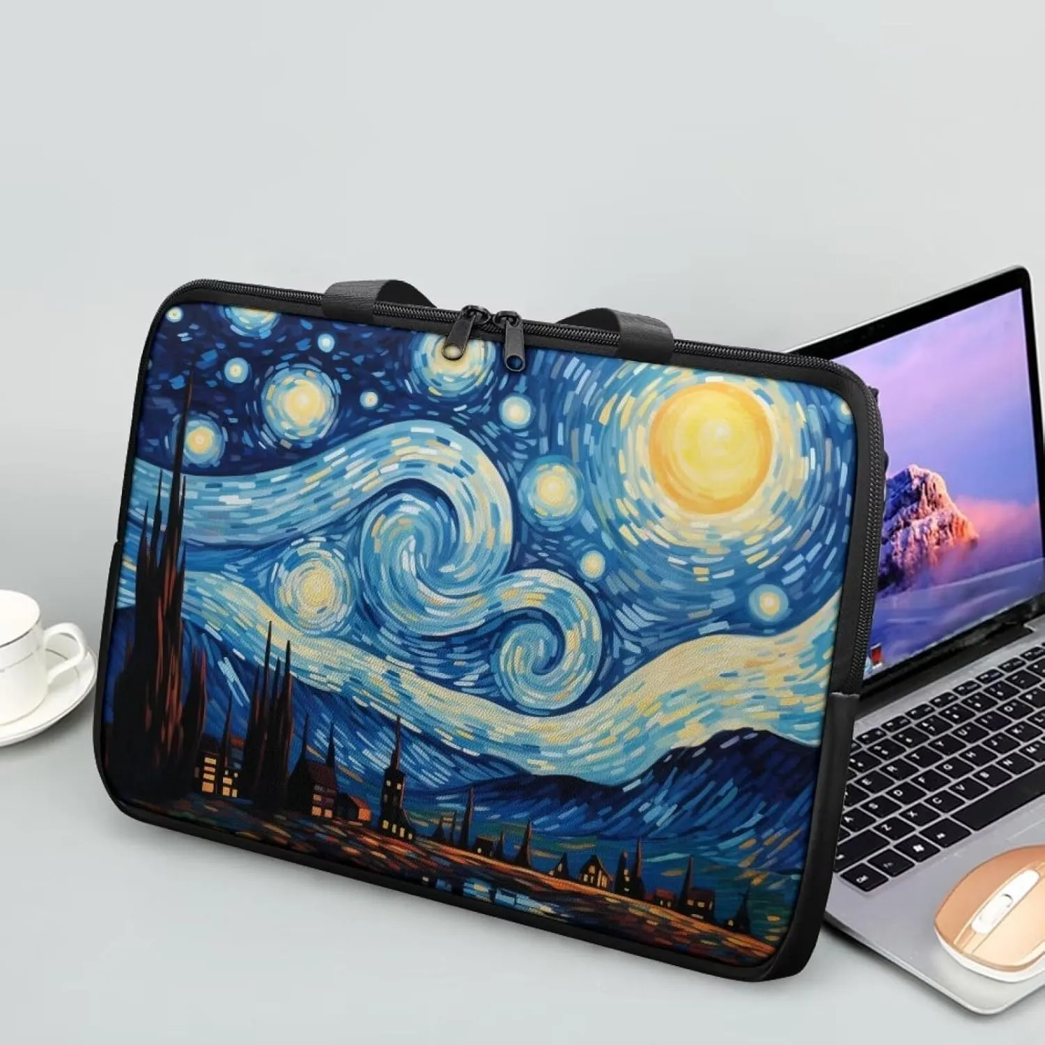 Blue Starry Night Oil Painting 13 Inch Laptop Sleeve, Pu Leather Laptop Cover Computer Bag Tablet Carrying Case with Handle, Zipper Tote Bags Notebook Sleeves Handbag Messenger Briefcase