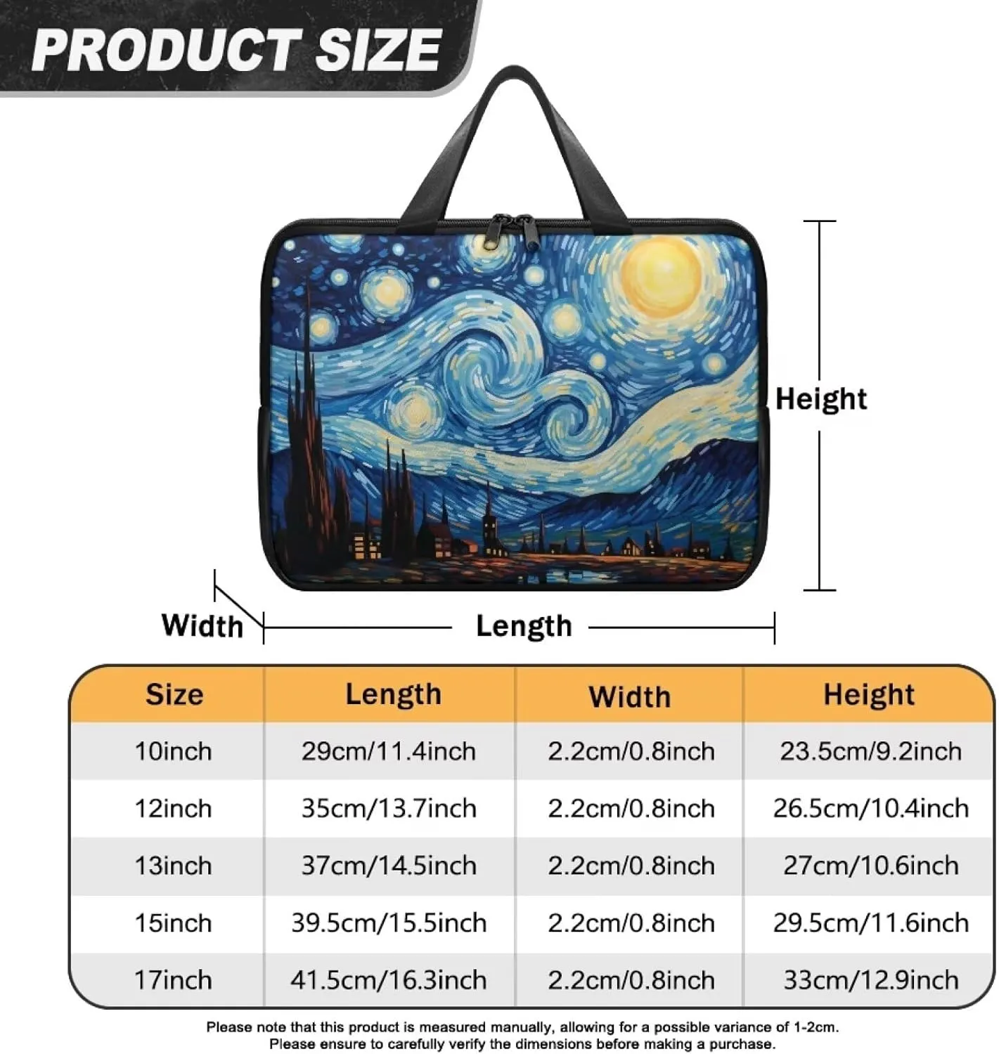 Blue Starry Night Oil Painting 13 Inch Laptop Sleeve, Pu Leather Laptop Cover Computer Bag Tablet Carrying Case with Handle, Zipper Tote Bags Notebook Sleeves Handbag Messenger Briefcase