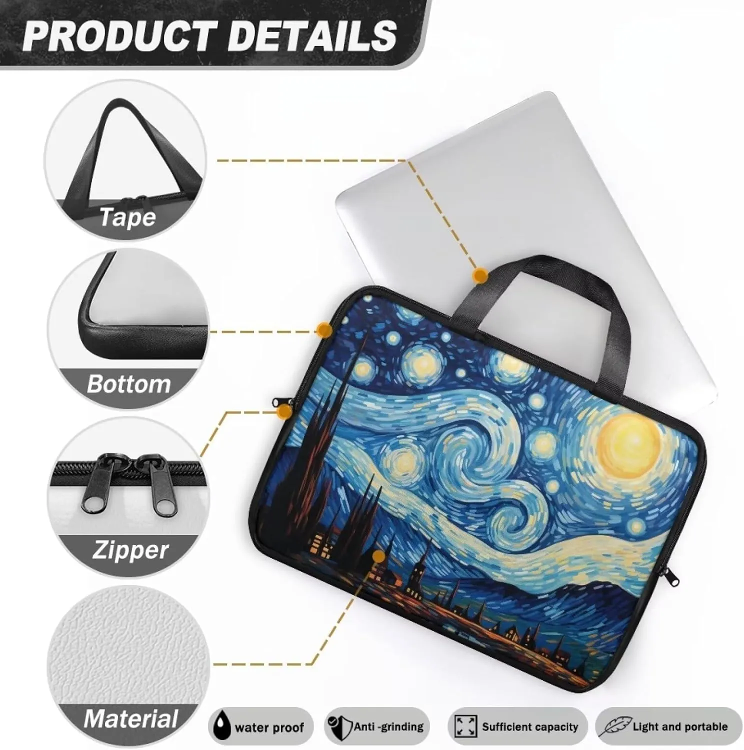 Blue Starry Night Oil Painting 13 Inch Laptop Sleeve, Pu Leather Laptop Cover Computer Bag Tablet Carrying Case with Handle, Zipper Tote Bags Notebook Sleeves Handbag Messenger Briefcase