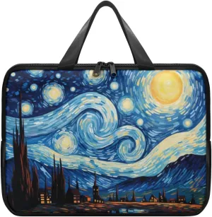 Blue Starry Night Oil Painting 13 Inch Laptop Sleeve, Pu Leather Laptop Cover Computer Bag Tablet Carrying Case with Handle, Zipper Tote Bags Notebook Sleeves Handbag Messenger Briefcase