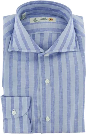 Blue Stripes Button Down Spread Collar Linen Slim Fit Dress Shirt, Size Medium 15.5