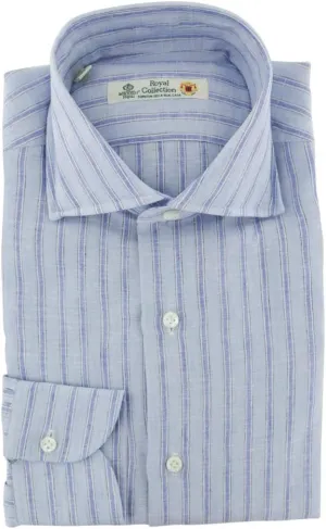Blue Stripes Button Down Spread Collar Linen Slim Fit Dress Shirt, Size Medium 16