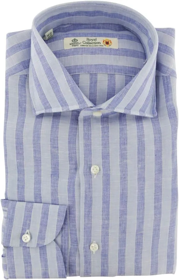Blue Stripes Button Down Spread Collar Linen Slim Fit Dress Shirt, Size Small 15