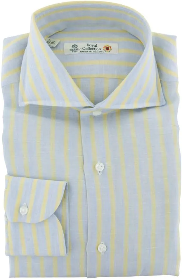 Blue Stripes Button Down Spread Collar Linen Slim Fit Dress Shirt, Size Small 15