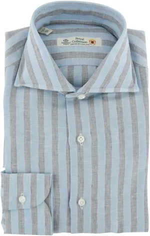 Blue Stripes Button Down Spread Collar Linen Slim Fit Dress Shirt, Size x-Large 17.5