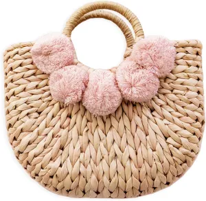 Boho Chic Straw Bag with Pom Poms Hand-Woven Sound Handle Purse Summer Beach Bag for Women