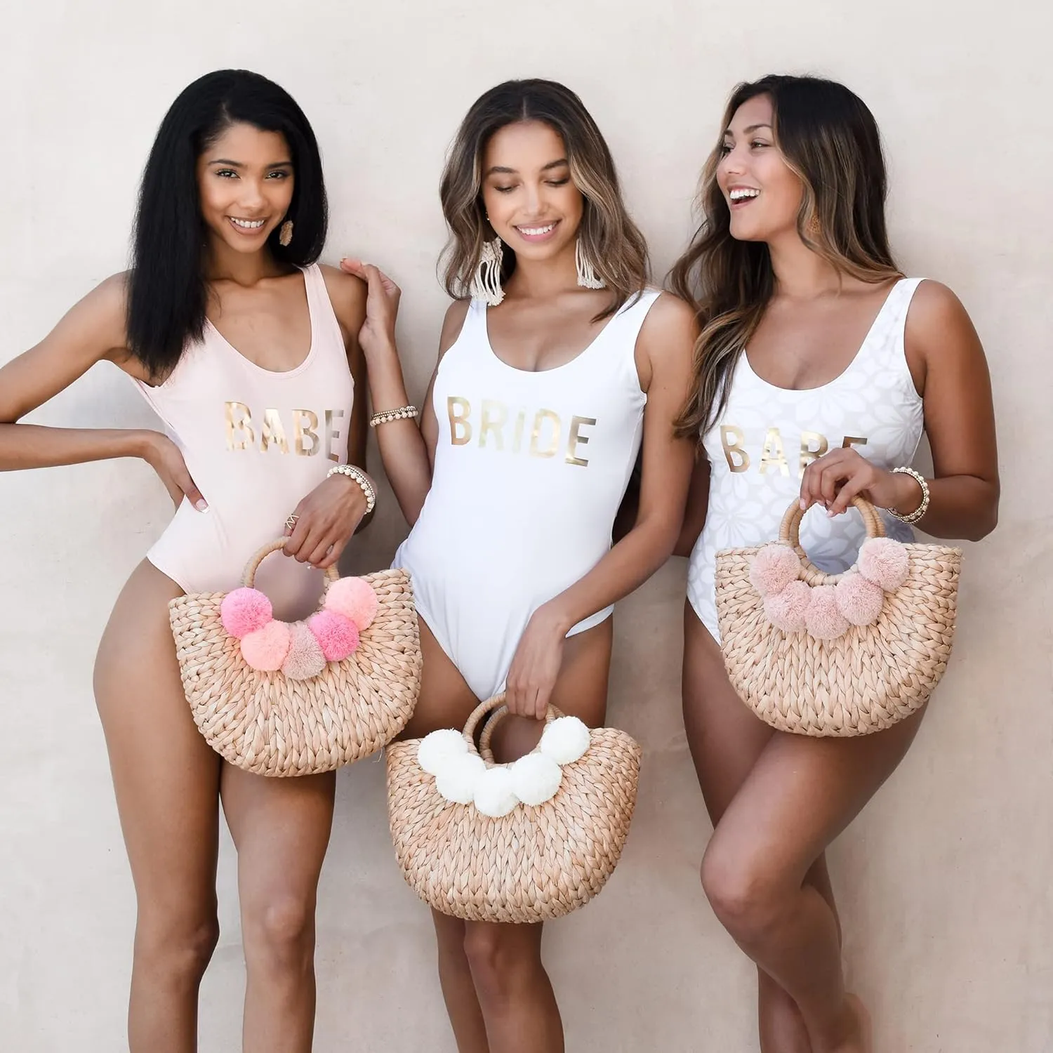 Boho Chic Straw Bag with Pom Poms Hand-Woven Sound Handle Purse Summer Beach Bag for Women