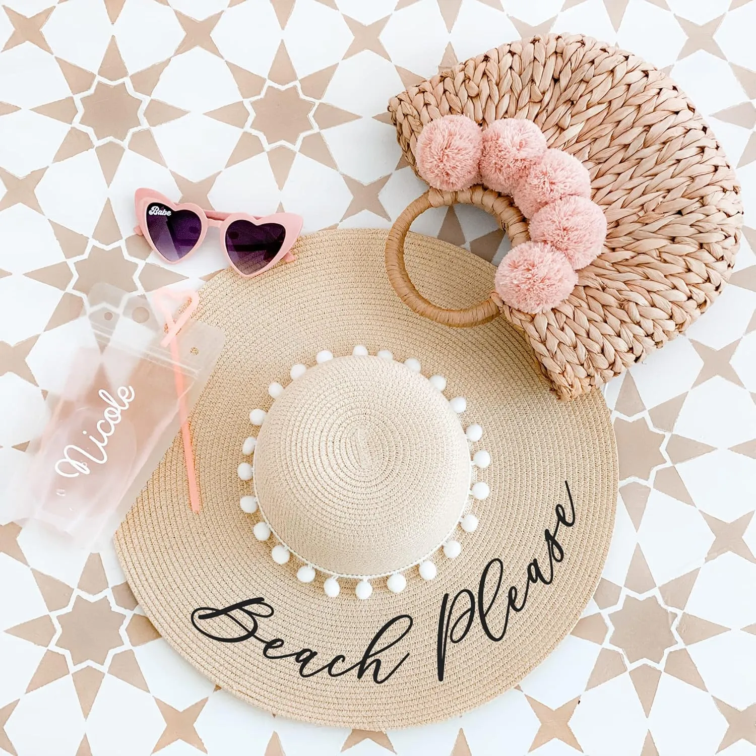 Boho Chic Straw Bag with Pom Poms Hand-Woven Sound Handle Purse Summer Beach Bag for Women