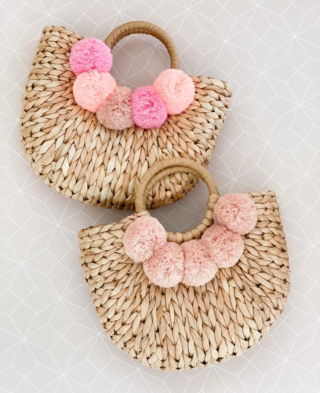 Boho Chic Straw Bag with Pom Poms Hand-Woven Sound Handle Purse Summer Beach Bag for Women