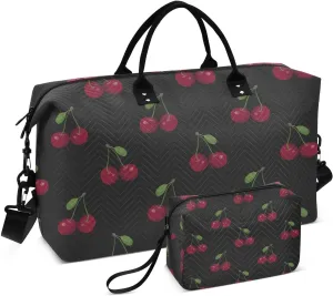 Bolaz Duffle Bag for Travel-Cherry on Black，Weekender Overnight Bag with Wet Pocket for Women，Large Carry On Airport Bag with Toiletry Bag for Travel, Business Trips, Sports