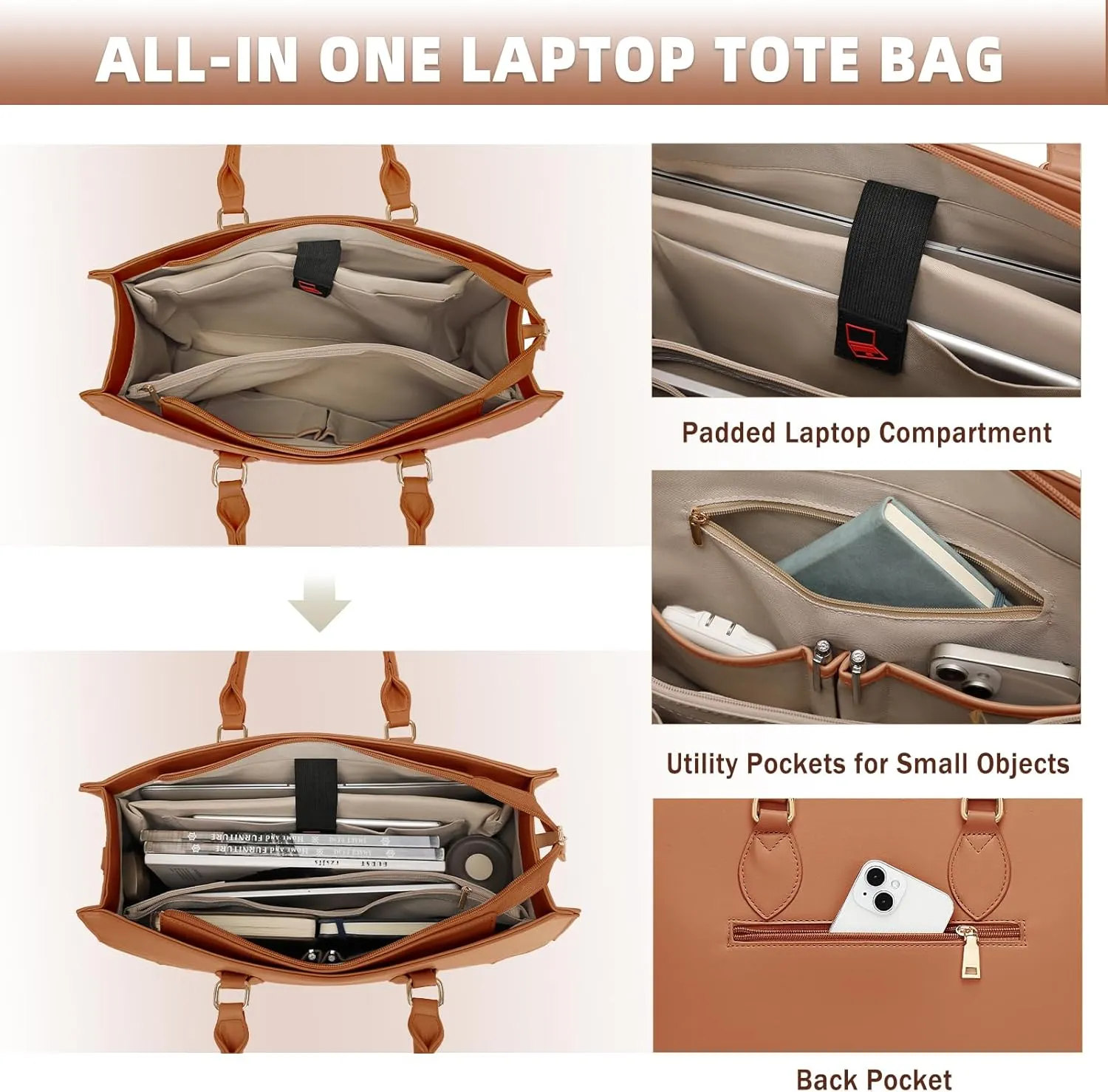 BOLOSTA Laptop Bag for Women 15.6 inch Work Tote Bags for Women Large Waterproof Leather Computer Bag with Clutch Purse