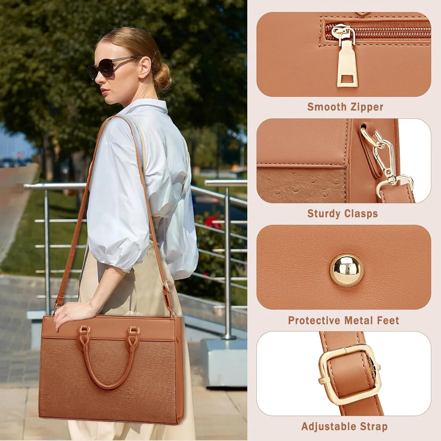 BOLOSTA Laptop Bag for Women 15.6 inch Work Tote Bags for Women Large Waterproof Leather Computer Bag with Clutch Purse