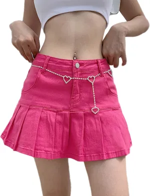 Bowanadacles Women Fashion High Waist Pleated Ruffle Denim Skirt School Uniform A-line Mini Skirt with Lining Shorts Girls