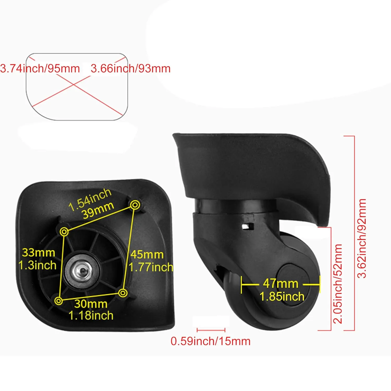 BQLZR Black Luggage Wheels Replacement Plastic Left & Right Swivel Luggage Suitcase Caster Wheels with 4 Holes,Hole Pitch (1.3"/1.54"/1.77"/1.18") 360 Degree Rotation