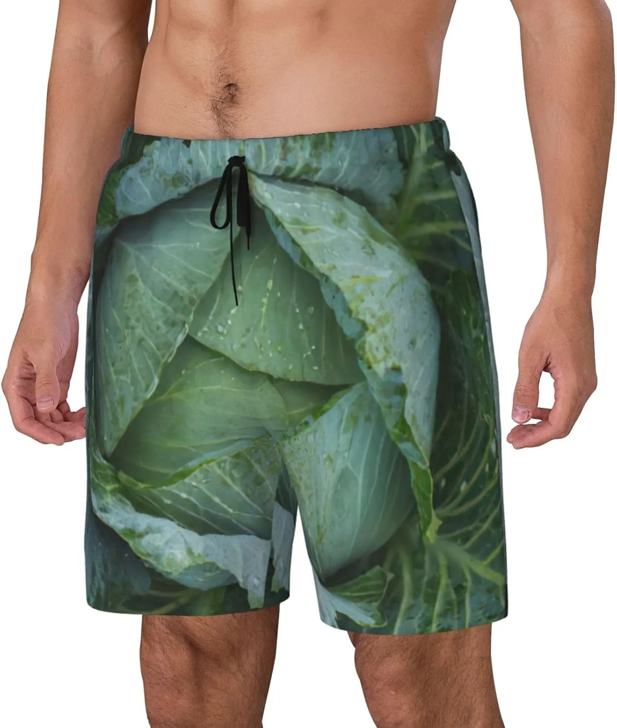 Bright Cabbage Print Mens Swim Trunks Quick Dry Board Shorts Mesh Lining, Breathable Beach Surf Shorts