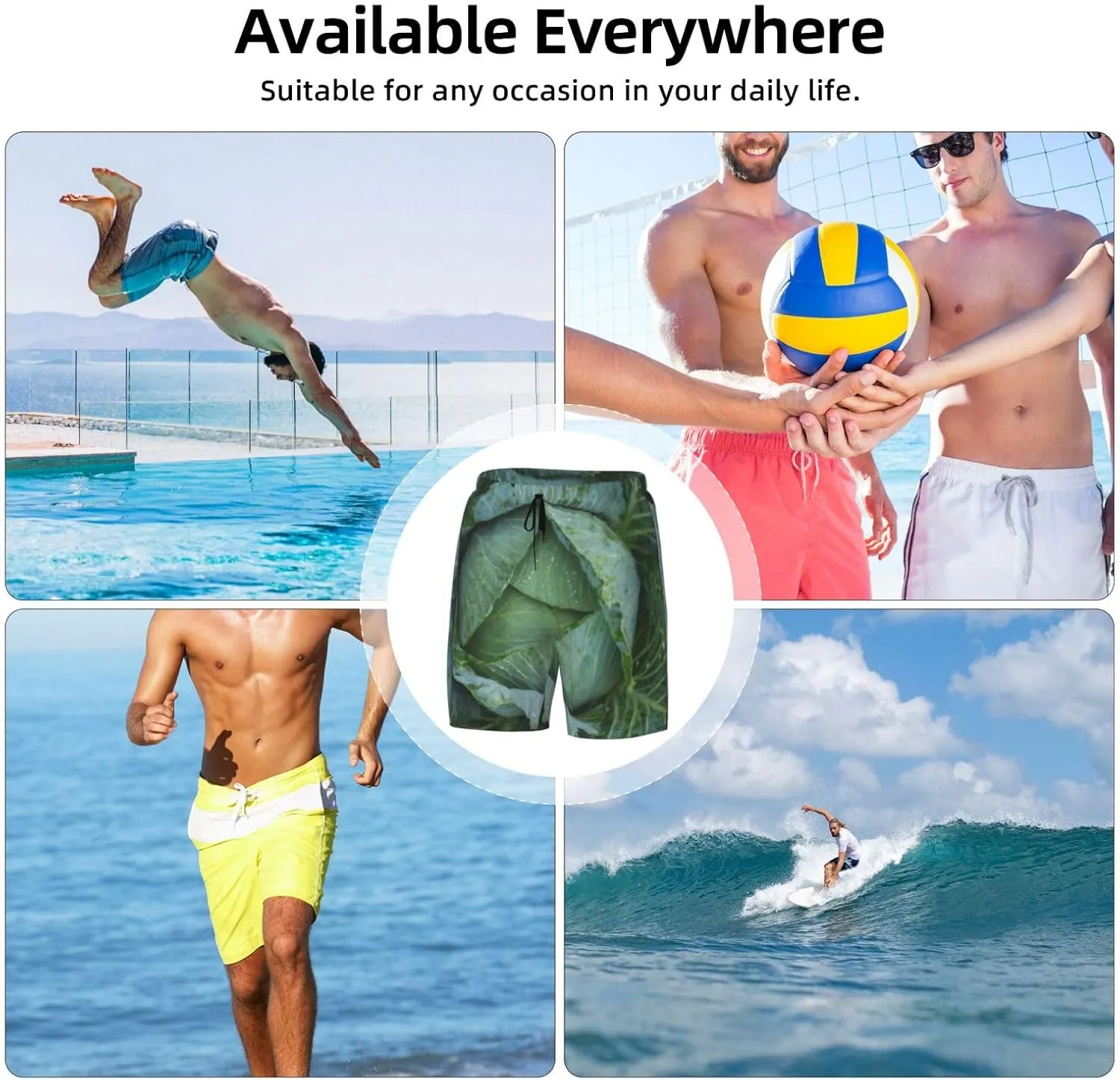 Bright Cabbage Print Mens Swim Trunks Quick Dry Board Shorts Mesh Lining, Breathable Beach Surf Shorts