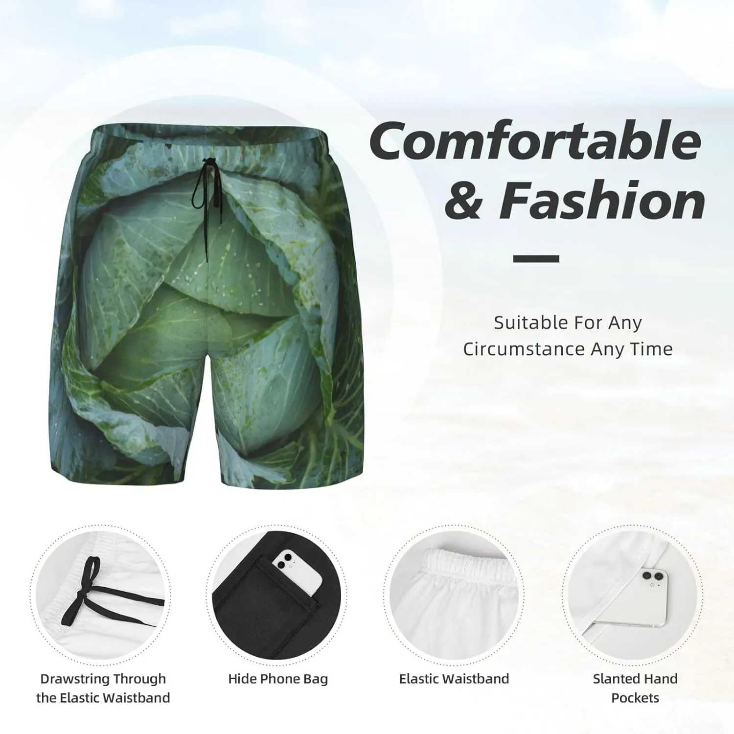 Bright Cabbage Print Mens Swim Trunks Quick Dry Board Shorts Mesh Lining, Breathable Beach Surf Shorts