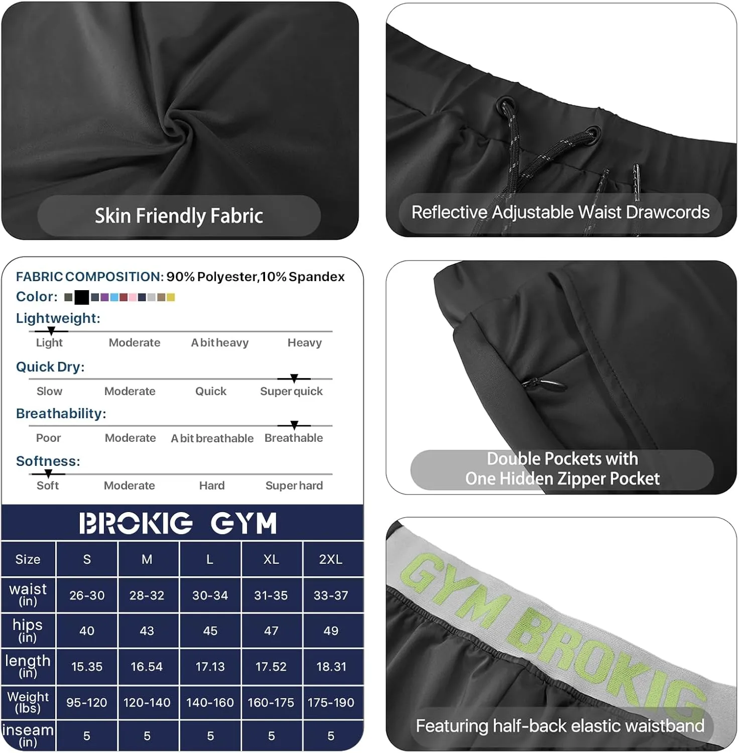 BROKIG Men's Lightweight Gym Shorts,Bodybuilding Quick Dry Running Athletic Workout Shorts for Men with Pockets