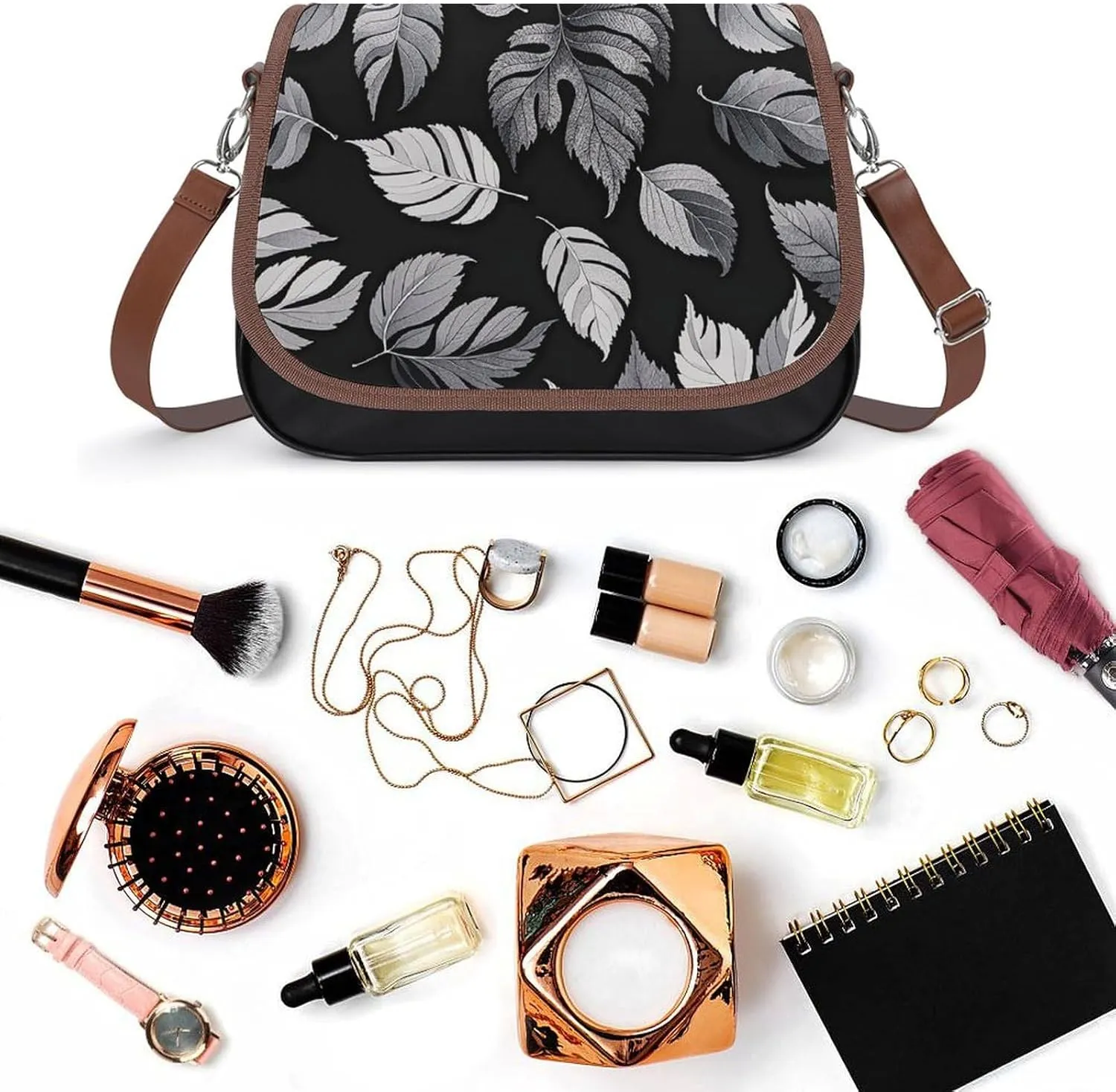 Brown Ginkgo Leaves Crossbody Bags for Women Travel Shoulder Bag Small Leather Cross Body Handbags