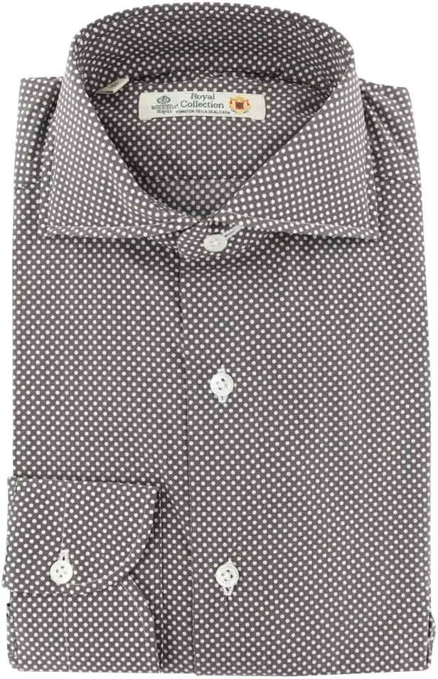 Brown Polka Dots Button Down Spread Collar Cotton Blend Slim Fit Dress Shirt, Size Medium 16