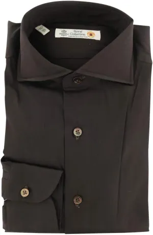 Brown Solid Button Down Spread Collar Cotton Blend Slim Fit Dress Shirt, Size Medium 16